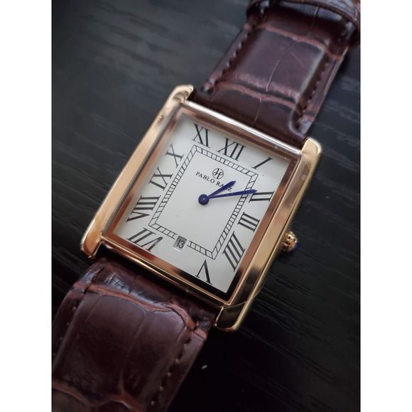 🔥NEW IN BOX! - Pablo Raez 34mm‎ Brown Leather Rose Gold Men's Tank Watch - Picture 1 of 6